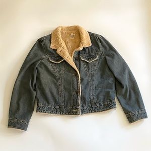 Gap Jean Jacket Sherpa Lined Blue Denim Trucker Faux Fur Womens L